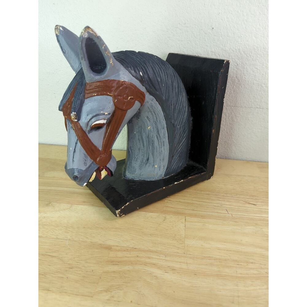 Vintage‎ Wood Hand Carved laughing Mule/Donkey Bookend paperweight gag gift?